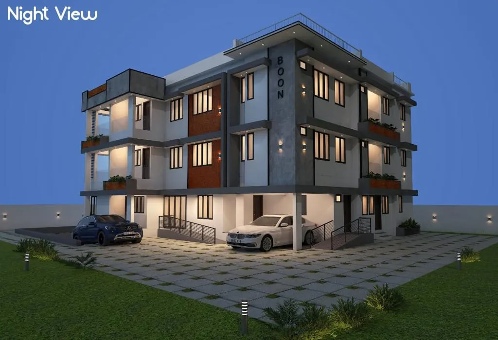 A 3D rendering of a stylish modern home with a car parked out front, highlighting its elegant design and inviting atmosphere.