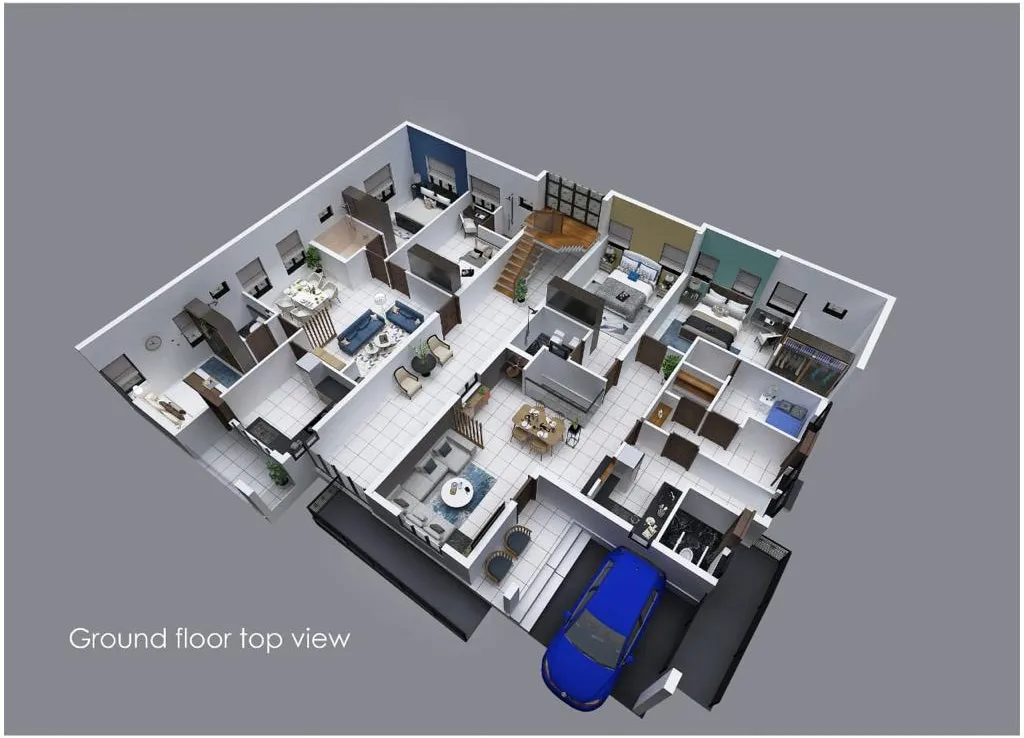 A 3D model of a house with a car parked in front, showcasing a cozy home environment and a welcoming atmosphere.