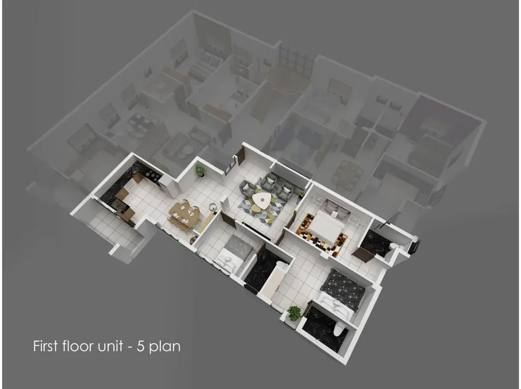 A detailed 3D floor plan showcasing a two-bedroom apartment layout with living spaces and dimensions clearly marked.